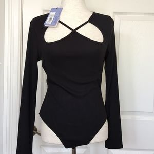 Future Collective Black Ribbed Long Sleeve Onesie Cut Out Top Size Medium